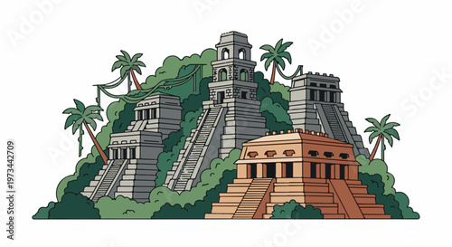 Ancient stone pyramids rise from lush jungle, with palm trees and dense foliage
