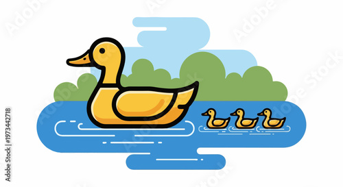 A mother duck and her ducklings swim serenely in a blue pond, with green hills in the background