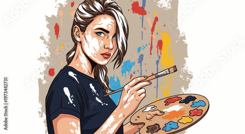 Young woman artist covered in paint, holding a brush and palette, against a colorful splatter background