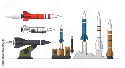 Collection of diverse missile types, featuring sleek aerodynamic designs, some in mid-flight with motion lines, others poised on launchpads with plumes of smoke, rendered in a
