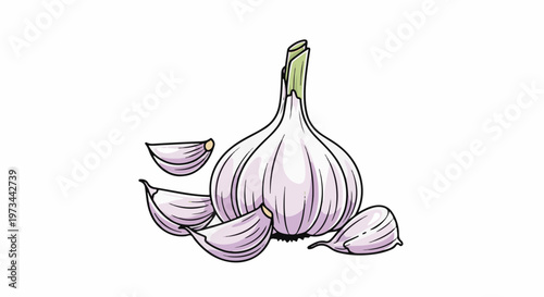 A whole head of garlic with several cloves detached, all with purple-tinged skin and green sprouts