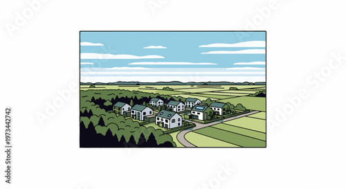 A picturesque village scene with modern homes nestled amidst lush greenery under a cloudy sky