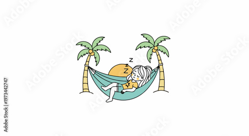 A girl naps peacefully in a hammock strung between two palm trees under a setting sun