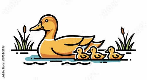 A stylized illustration shows a mother duck and her three ducklings swimming in a body of water near reeds
