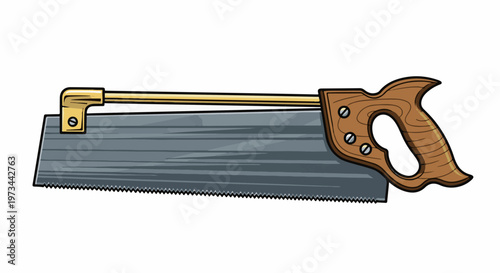 Cartoon-style handsaw with wooden handle and metallic tension rod
