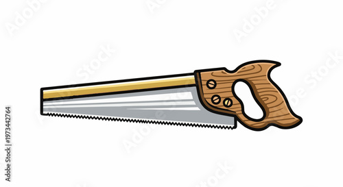 Stylized hand saw with wooden handle and silver blade