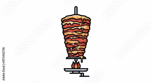 A cartoon vertical spit of meat layered with sauce, cooking over a flame