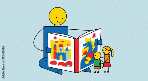 Stylized illustration of an adult reading a colorful storybook to two children.