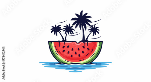 Tropical island oasis with palm trees on a slice of watermelon floating on water