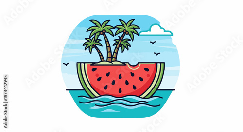 A stylized slice of watermelon with palm trees and a cloud forms a tropical island in blue water under a sky with birds