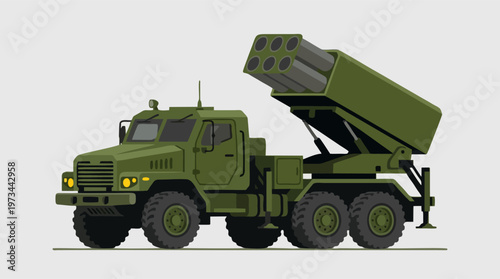 Military rocket launcher truck. Green army vehicle for defense. Tactical weapon vector.