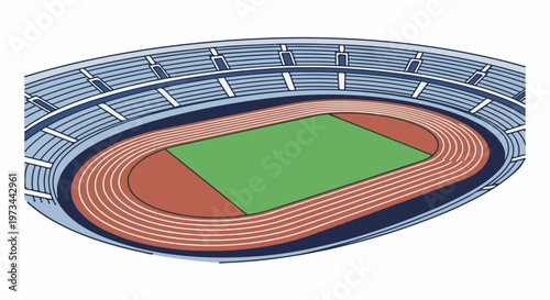 Sports stadium with running track and central green field, viewed from above