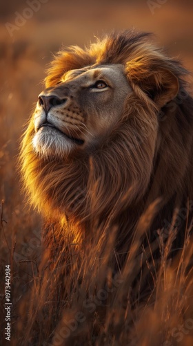 A majestic close-up portrait of a wild lion king with a powerful mane and fierce feline gaze captures the strong face of this dangerous big cat predator in its natural safari habitat