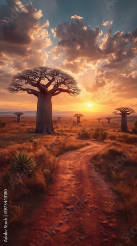 A beautiful orange sunset glows over the river and city horizon as silhouettes of autumn trees reflect in the water under a cloudy sky