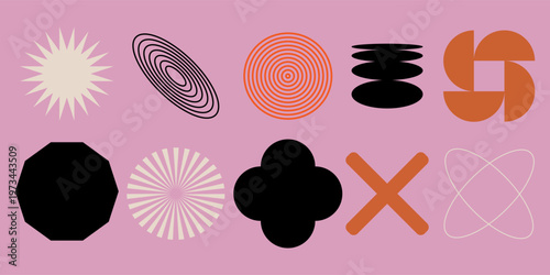 Vector set of different geometric shapes and elements. Brutalist design icons and signs. Basic forms