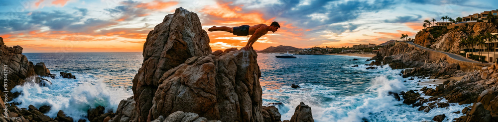 Obraz premium A incredibly strong, muscular man in excellent physical condition, showcasing impressive balance and core strength while performing a challenging planche pose on a rugged rock formation,