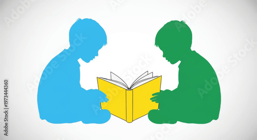 Two children reading a book together, learning and sharing knowledge.