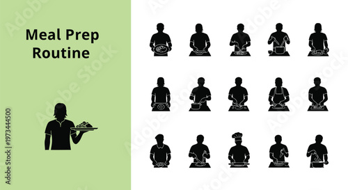 Comprehensive vector illustration showing a variety of meal preparation routine actions and cooking steps graphic design