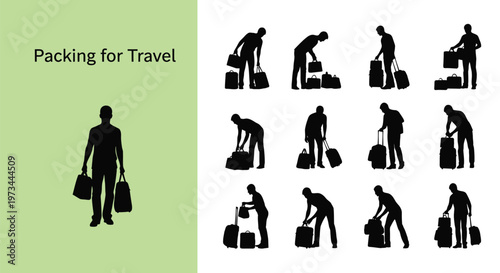 Professional vector illustration showing silhouettes of a man packing various pieces of luggage for travel trips