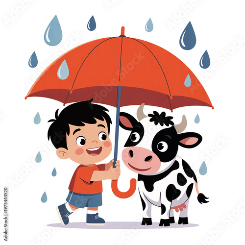 Boy and calf in rain under umbrella cute illustration