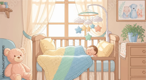 Baby sleeping in crib, nursery room, teddy bear, peaceful atmosphere, vector illustration