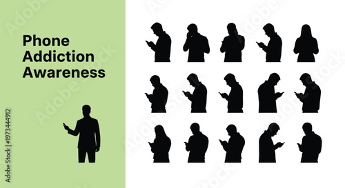 Black silhouette vector set of people interacting with mobile phones for phone addiction awareness concepts