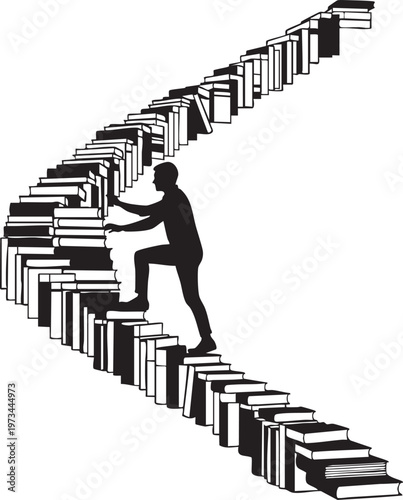 A person climbing an endless staircase made of books symbolizing the pursuit of knowledge
