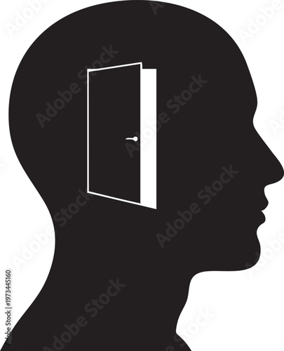 A symbolic representation of an open door in the silhouette of a human head