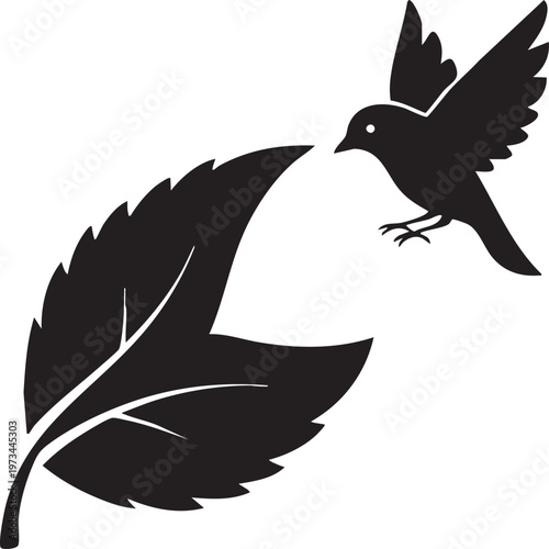 Graceful bird taking flight near a delicate leaf silhouette