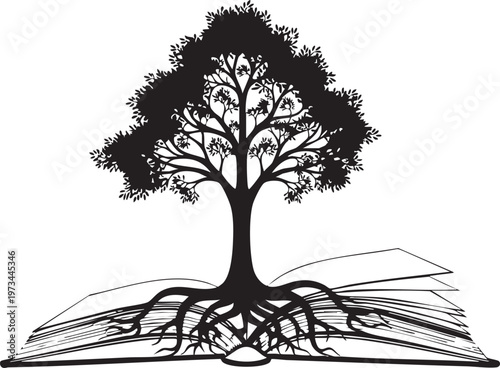 The roots of knowledge sprouting from an ancient book of wisdom