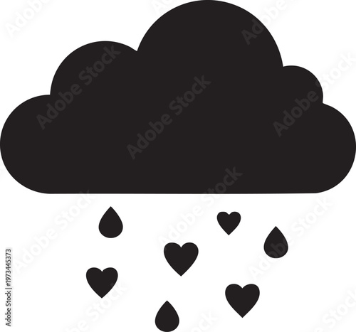 A whimsical cloud releasing raindrops and heart shapes as if spreading love and joy.