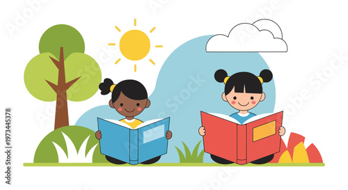 Two young girls happily reading books outdoors.