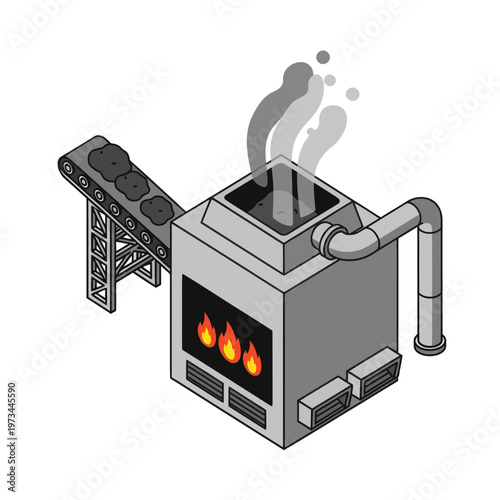 Isometric Coal Incinerator with Conveyor Belt and Smoke Emission.