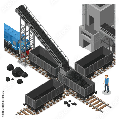 Coal Mining Operation with Conveyor Belt and Train Cars.