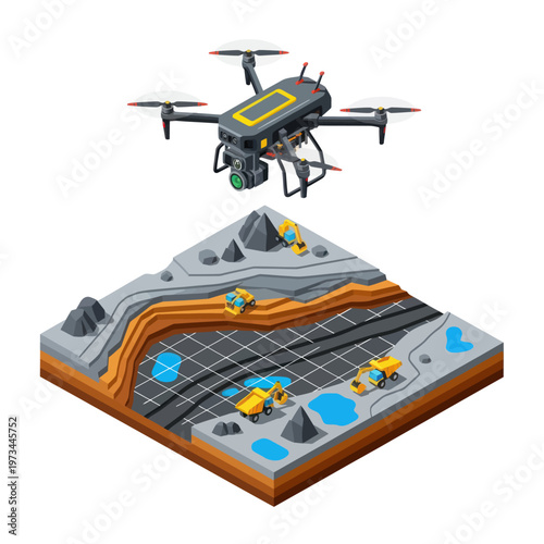 Drone surveying a mining operation with detailed 3D model.