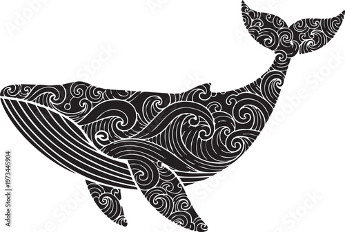 Intricate black and white whale design with maori patterns