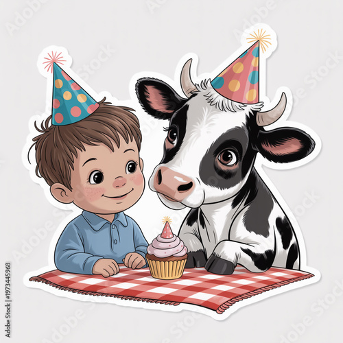 Boy and cow birthday party festive cartoon illustration