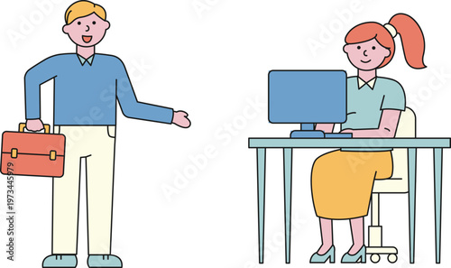 A professional man offering assistance to a woman working on a computer