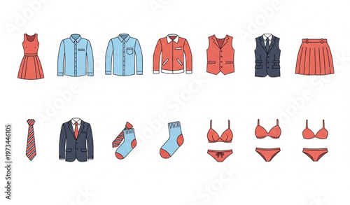 Clothing icon bundle with dress shirt jacket suit and bikini apparel vector set