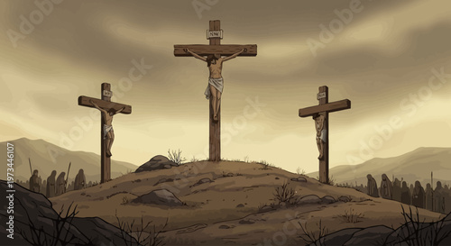 Crucifixion Scene, Jesus, Hilltop, Illustration, Dramatic Sky, Artistic Viewpoint, Religious Concept