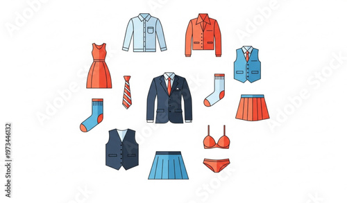 Fashion clothing icon collection with dress shirt suit bikini and apparel vector