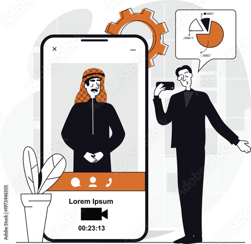 Professional video call with analytics and gear icons in background