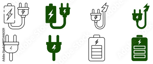 Set of vector icons featuring battery charging symbols and electric plugs for energy concepts.