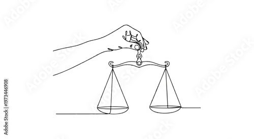 Justice, law, balance scale, hand holding scales, equality concept, line art