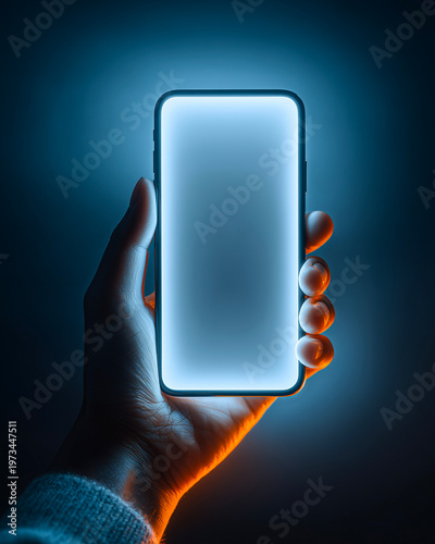 Close up of human hand holding smartphone with blank screen on dark background