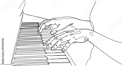 Hands playing piano keyboard closely.