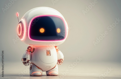 A cute robot is standing on a gray background. 3d rendering.