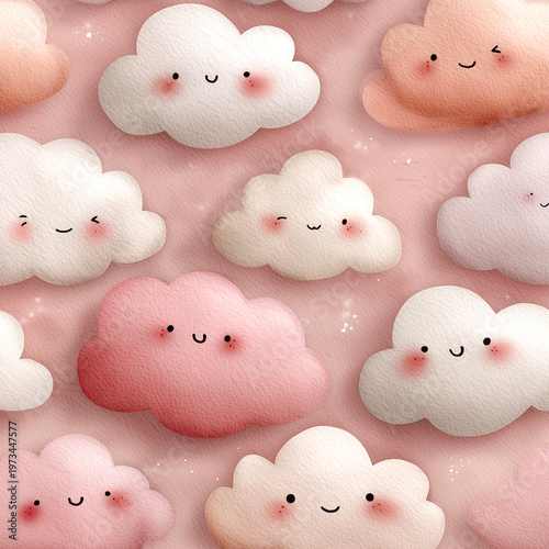 Seamless pattern with cute kawaii clouds. Vector illustration.