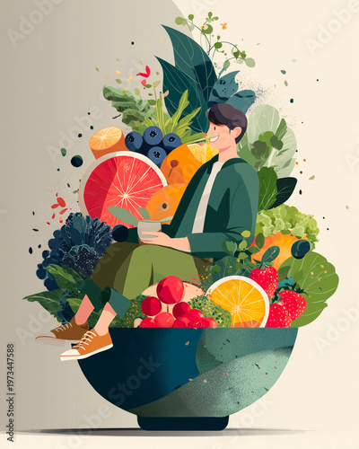 Vector illustration of a young man sitting in a bowl full of fruits and vegetables.