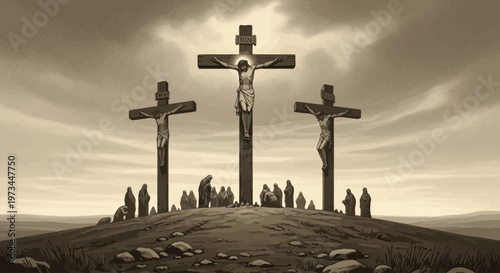 Crucifixion Scene, Hilltop Location, Illustration, Dramatic Atmosphere, Distant View, Faith Concept